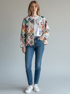 Soul Mates Ribbon Patchwork Jacket Womens PS Petite S Boho Colorful Frog Button